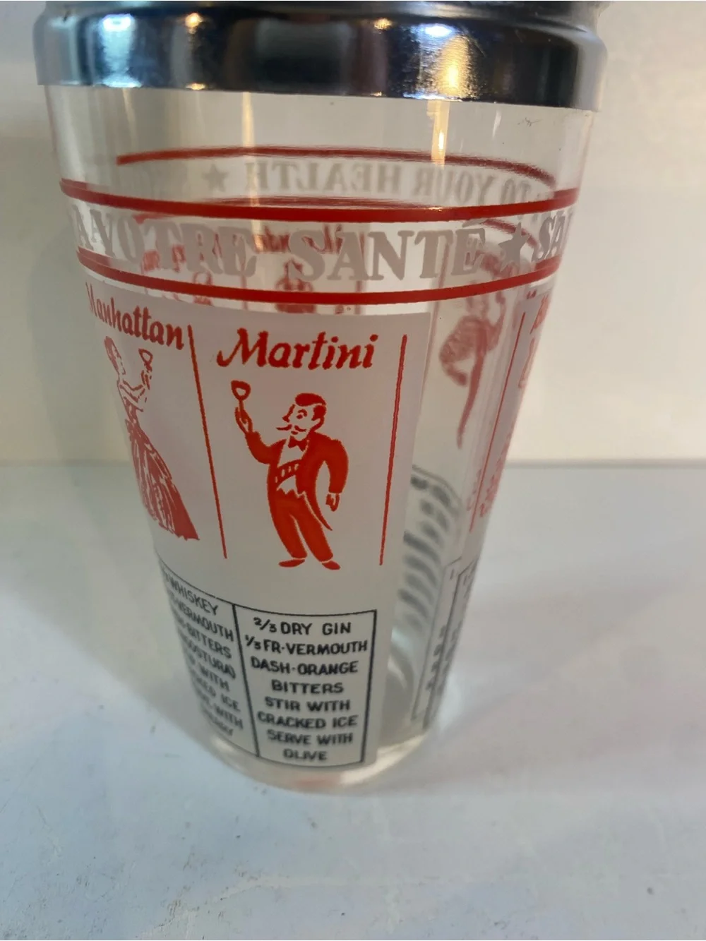 Vintage Mid-Century 'Salute to Your Health' Recipe Frosted Glass Cocktail Shaker
